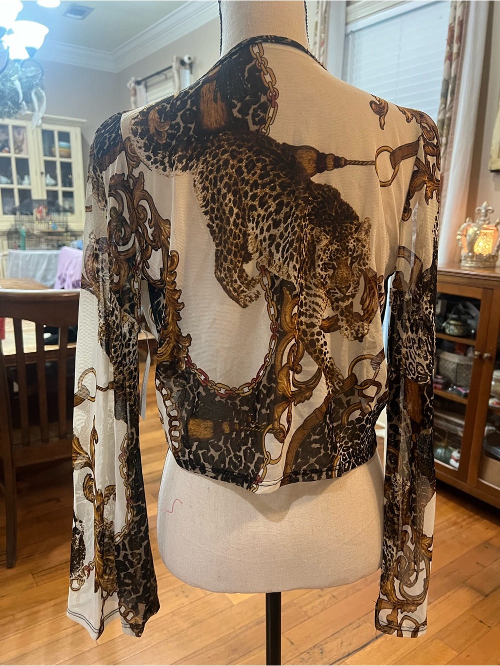 Timing Sheer Cream and Brown Leopard Chain Print Crop Top
